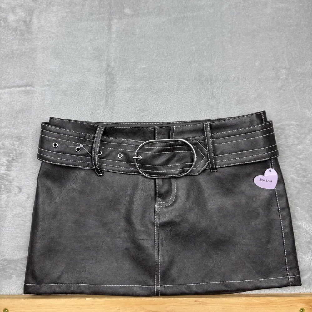 Witty Fox Faux Leather Belted Mini Skirt 3/26 Charcoal Black new no tags